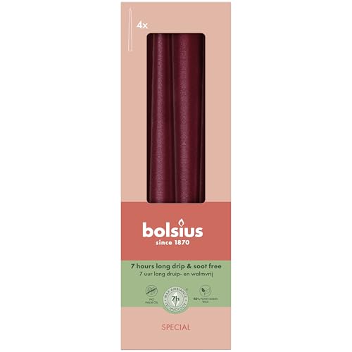 Bolsius Glatte Spitzkerzen - Metallic Rot - Set 4 Stück im Karton - 24,5 cm - Dekorative Haushaltkerzen - Brenndauer 7 Stunden - Unparfümierte - Natürliches Pflanzenwachts - Ohne Palmöl Bolsius Glatte Spitzkerzen - Metallic Rot - Set 4 Stück im Karton - 24,5 cm - Dekorative Haushaltkerzen - Brenndauer 7 Stunden - Unparfümierte - Natürliches Pflanzenwachts - Ohne Palmöl von bolsius