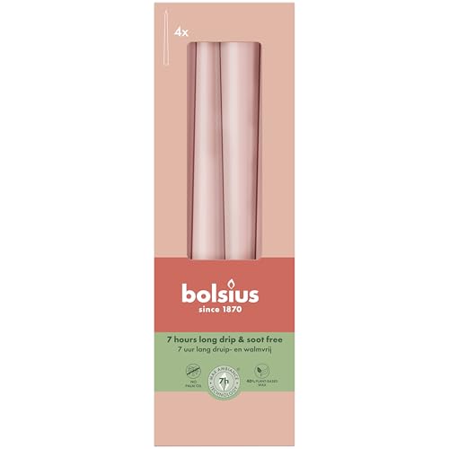 Bolsius Glatte Spitzkerzen - Misty Pink - Set 4 Stück im Karton - 24,5 cm - Dekorative Haushaltkerzen - Brenndauer 7 Stunden - Unparfümierte - Natürliches Pflanzenwachts - Ohne Palmöl Bolsius Glatte Spitzkerzen - Misty Pink - Set 4 Stück im Karton - 24,5 cm - Dekorative Haushaltkerzen - Brenndauer 7 Stunden - Unparfümierte - Natürliches Pflanzenwachts - Ohne Palmöl von bolsius