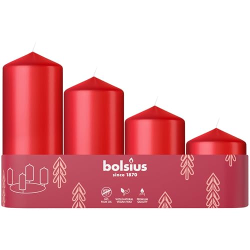 Bolsius Glatte Stumpenkerzen - 4er Set - Adventszeit - Rot - Verschiedene Größen - Dekorative Haushaltskerzen - Lange Brenndauer - Unparfümiert - Mit Natürlichem Pflanzenwachs - Ohne Palmöl - Advent Bolsius Glatte Stumpenkerzen - 4er Set - Adventszeit - Rot - Verschiedene Größen - Dekorative Haushaltskerzen - Lange Brenndauer - Unparfümiert - Mit Natürlichem Pflanzenwachs - Ohne Palmöl - Advent von bolsius