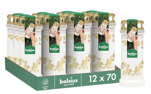Bolsius Grablicht - Weiß mit Motiv - 12 Stk. - Herz - Länge Brenndauer - Trauerkerze & Gedenkstätte Kerzen - Sauberes Abbrennen - Ohne Palmöl - Mit Sturmhaube von bolsius