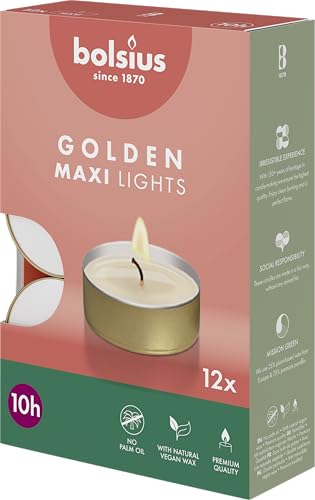Bolsius Maxi-Teelichter mit goldenem Becher - 12 Stk. - 10 Stunden Brenndauer - Dekorative Haushaltskerzen - Unparfümiert - Mit Natürlichem Pflanzenwachs - Ohne Palmöl, Gold von bolsius