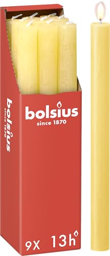 Bolsius - Rustik Stabkerzen - Gelb - 9 Stück - 27 x 2.3 cm - Länge Brenndauer 13 Stunden - Unparfümierte - Enthält Natürliches Pflanzenwachs - Ohne Palmöl von bolsius