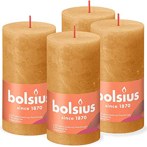 Bolsius Rustik Stumpenkerzen - Ockergelb - Set 4 Stück - Dekorative Haushaltkerzen - Länge Brenndauer 60 Stunden - Unparfümierte - Natürliches Pflanzenwachs - Ohne Palmöl - 13 x 7 cm von bolsius