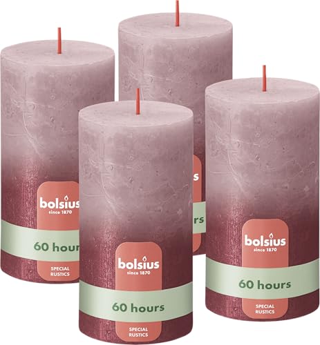 Bolsius Rustik Stumpenkerzen - Fading Metallic -Rose & Rot - 4er Pack - Lange Brenndauer 60 stunden - Unparfümiert - Enthält Natürliches Pflanzenwachs - Ohne Palmöl - 13 x 7 cm von bolsius