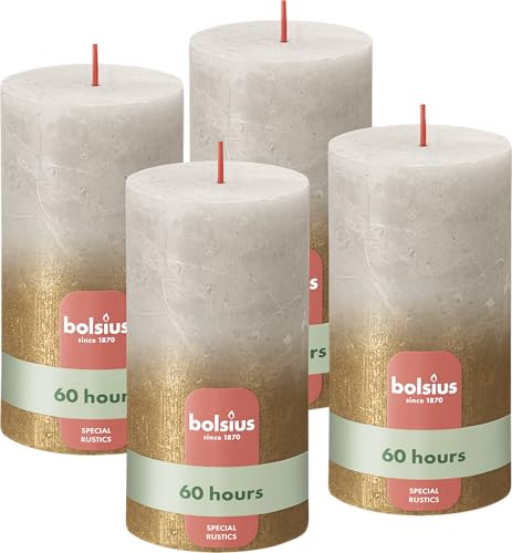 Bolsius Rustik Stumpenkerzen - Fading Metallic - Grau & Gold - 4 Pack - 13 x 7 cm - Lange Brenndauer - Haushaltskerze - Unparfümiert - Enthält Natürliches Pflanzenwachs - Ohne Palmöl von bolsius