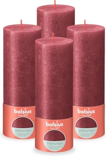 Bolsius Rustik Stumpenkerzen - Shimmer Rot - Set 4 Stück - Dekorative Stumpenkerzen - Länge Brenndauer 60 Stunden - Unparfümierte - Enthält Natürliches Pflanzenwachs - Ohne Palmöl - 19 x 7 cm von bolsius