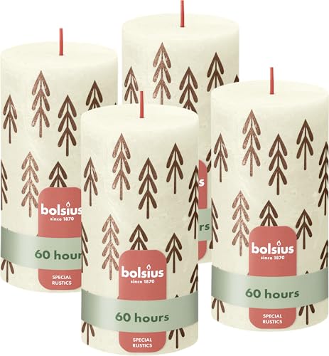 Bolsius Rustikale Stumpenkerzen Silhouette - Elfenbein mit Aufdruck - 4 Stück - 13 x 7 cm - Lange Brenndauer - Haushaltskerze - Enthält Natürliches Pflanzenwachs - Ohne Palmöl von bolsius