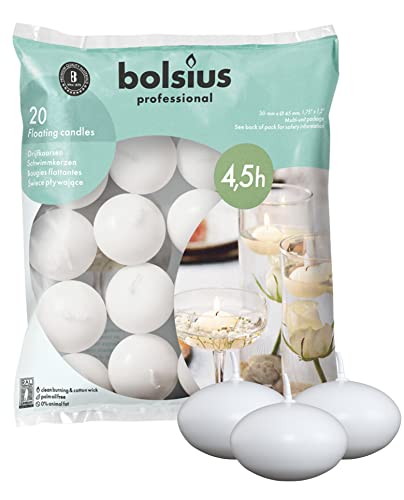 Bolsius - Schwimmkerzen - Weiß- 20 Stück - im Beutel - Länge Brenndauer 4,5 Stunden - 4,5 x 3 cm - Unparfümierte - Natürliches Pflanzenwachts - Ohne Palmöl von bolsius