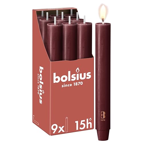 Bolsius - Stabkerze XL Rustik - 23 x 3 cm - bordeauxrot - im Karton zu 9 Stück - Länge Brenndauer 15 Stunden - Unparfümierte - Enthält Natürliches Pflanzenwachs - Ohne Palmöl von bolsius