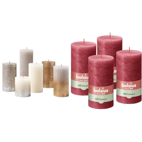 Bundle of Bolsius Rustik Stumpenkerzen - Geschenkset mit 6 Stück - New Sparkle + Bolsius Rustik Stumpenkerzen - Rot - 4 Stück - 13 x 7 cm - Länge Brenndauer 60 Stunden von bolsius