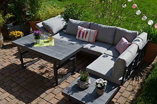 bomey Ecklounge Santorini mit HPL Terrassentisch Hell/Mittelgrau - Wetterfeste Gartenlounge Outdoor & Indoor, Gartensofa & höhenverstellbarer Alu-Gartentisch von bomey