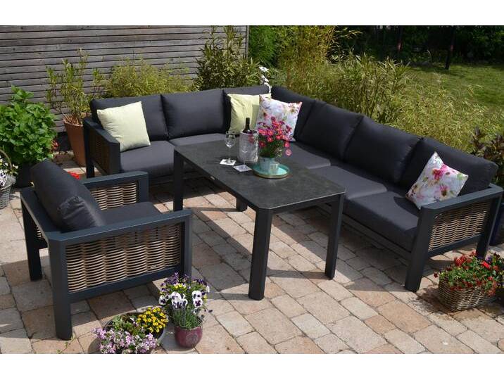 Ecklounge Calgary + Tisch - Tischplatte schwarz marmoriert + Lounge-Sessel von bomey