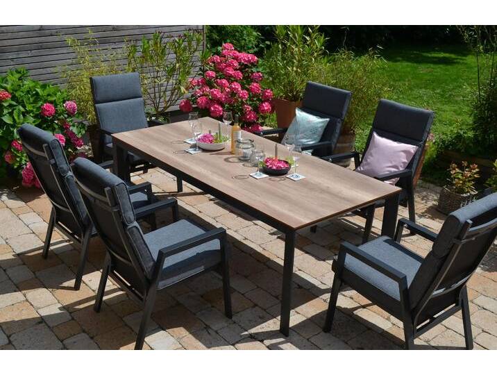 Gartengarnitur Elena für sechs Personen hochwertiger Gartentisch HPL Eichedecor + 6 bequeme Gartenstühle Milano - Rückenlehne verstellbar Gartengarnitur Elena für sechs Personen hochwertiger Gartentisch HPL Eichedecor + 6 bequeme Gartenstühle Milano - Rückenlehne verstellbar von bomey