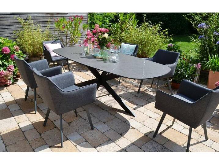 Gartenset Salo 240 cm mit Glasplatte in Keramikoptik & 6 Rope-StÃ¼hle Sarego â€“ wetterfest & modern von bomey