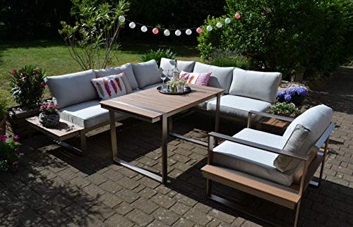bomey Dining Ecklounge-Set Atlanta Ecksofa und Sessel - Wetterfeste Gartenlounge Outdoor & Indoor, Mit Esstisch aus Teakholz und gemütlichen Polstern von bomey