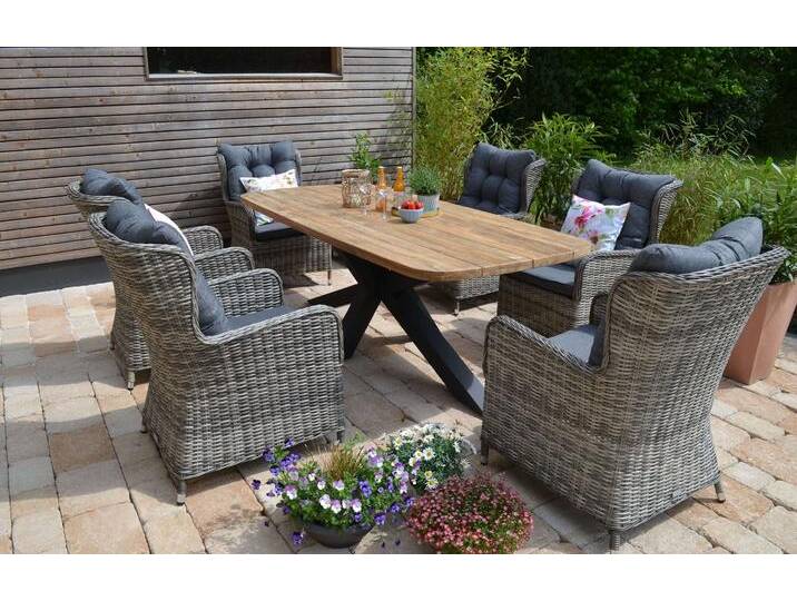 recycling Teak Esstisch 220 x 100 cm Brighton mit 6 Polyrattan Comfort Geflechtsesseln Silvia von bomey