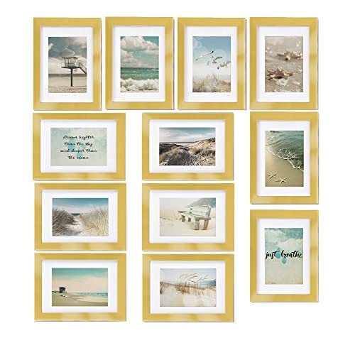 bomoe 12er Bilderrahmen Set Ocean – Fotorahmen Collage für 13x18 cm Bilder Holzbilderrahmen mit Passepartout - Bilder Collage Fotorahmen aus Holz & Kunststoffglas - Fotowand Bilder Set Gold von bomoe