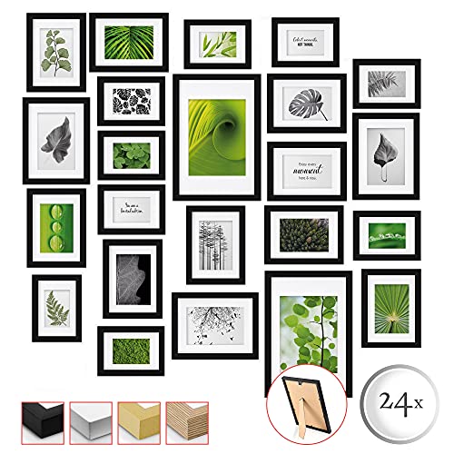 bomoe 24er Bilderrahmen Set Nature – 10x 10x15cm, 8x 13x18cm, 4x 15x20cm, 2x 20x30cm Fotorahmen Collage Bilderrahmen mit Passepartout - Bilder Rahmen aus Holz & Kunststoff Fotowand Schwarz von bomoe