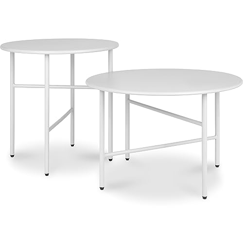 bomoe 2er Set Beistelltisch Outdoor Gartentisch Rund Kratzfeste Oberfläche - Stabiler Wohnzimmer Couchtisch Leicht In- & Outdoor Balkon Tisch Terrasse - Weiß Nachttisch Bett Schlafzimmer Finn von bomoe