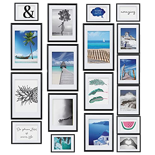 bomoe Bilderrahmen Set 18er Paradise – 6x 10x15 cm, 4x 13x18 cm, 4x 18x24 cm, 4x 20x30 cm Fotowand Fotorahmen Collage Bilderrahmen mit Passepartout - Bilder Wand Kunststoff & Kunststoffglas Schwarz von bomoe