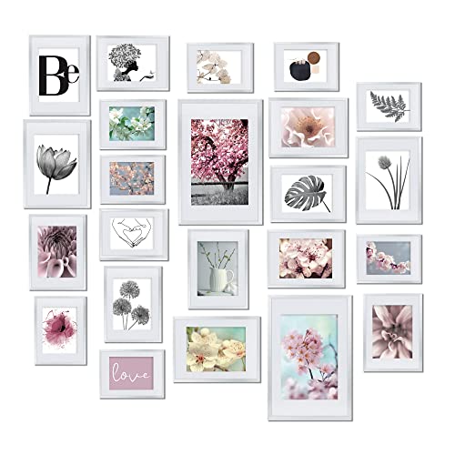 bomoe 24er Bilderrahmen Set Blossom – 10x 10x15 cm, 8X 13x18 cm, 4X 15x20 cm, 2X 20x30 cm Fotorahmen Collage Bilderrahmen mit Passepartout - Bilder Rahmen aus Kunststoff & Kunststoffglas Weiß von bomoe