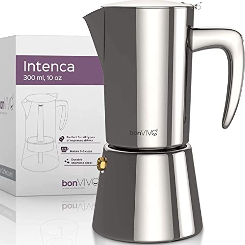 bonVIVO Intenca Espressokocher Induktion geeignet - Edelstahl Kaffeekocher in Chrom Edelstahl m. Wasserkessel, Sieb – Mokkakanne Chrom, 6 Tassen 300ml von bonVIVO