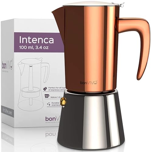 bonVIVO Intenca Espressokocher Induktion geeignet - Edelstahl Kaffeekocher in Kupfer Edelstahl m. Wasserkessel, Sieb – Mokkakanne Kupfer, 2 Tassen 100ml von bonVIVO