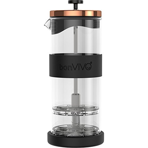bonVIVO - Manueller Milchaufschäumer aus Edelstahl, Glas und Edelstahl, Fomo, Sahneaufschäumer für Cappuccino, Manueller Milchaufschäumer mit feinmaschigem Sieb, 400 ml von bonVIVO