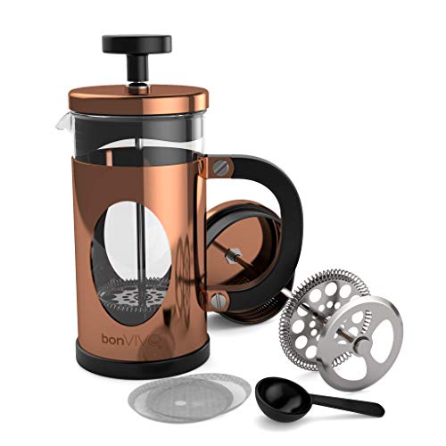 bonVIVO French Press Kaffeebereiter Kupfer - 3 Tassen - Coffee Maker in Kupfer-Optik - Kaffekanne aus Glas m. Edelstahl Filter u. Rahmen - Kaffee Presse - Geschenke für den Haushalt von bonVIVO