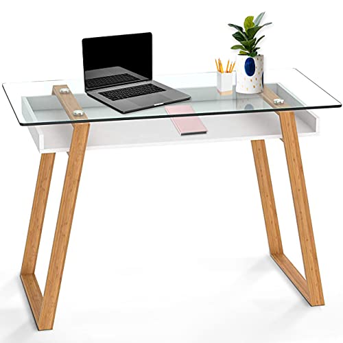bonVIVO Schreibtisch Weiß mit Glasplatte u. Bambus-Gestell - Moderner Kleiner Tisch als Computertisch, Kinderschreibtisch, Arbeitstisch, Sekretär Schreibtisch, Schminktisch von bonVIVO