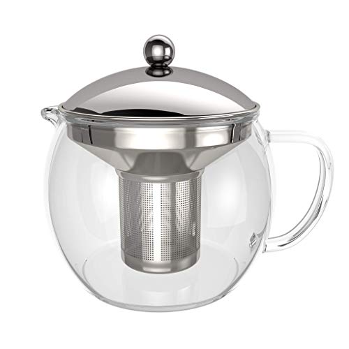 bonVIVO Teapot Tempa Teebereiter Mit Herausnehmbarem Edelstahl-Sieb, Glaskanne Aus Borosilikat-Glas, Hitzebeständig, Glas-Teekanne Mit Deckel In Silber-Chrom-Look, Tea Infuser, 1500ml, silber von bonVIVO