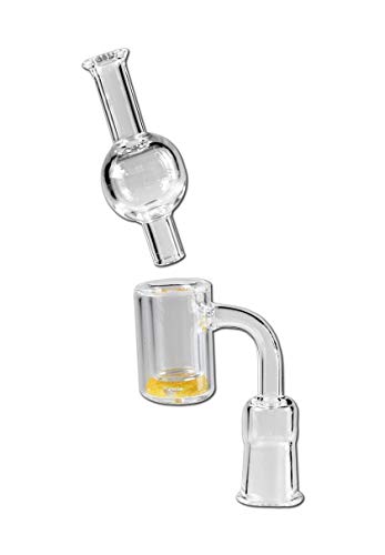 bong-discount Öl-Bong-Zubehör für OiL-Rig: Öl-Kopf, Banger, Steckkopf | 75 x 14 mm, NS 14F (female 14,5 mm), Ansatz: 90° | BOROSILIKATGLAS, klar | Farbgranulat, Carb-Cap (Rauchfänger), Geschenk-Dose von bong- discount.de