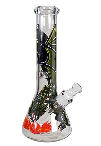 bong-discount Wasserpfeife, EIS-Bong, Glasbong | 32 cm, NS 19 (18,8mm), NS 14 (14,5mm) | klar | 7 mm dickes BOROSILIKATGLAS | Erlenmeyer-Kolben-Bong, handbemalt, Drachen-Motiv 'Smaug' von bong- discount.de