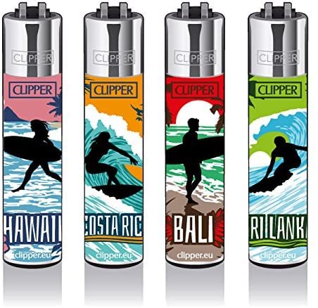 CLIPPER® Classic Large nachfüllbare Feuerzeuge | 4 Stück für die Sammlung + 1 doppeltes Motiv für die Hosentasche = 5 Stück | Surf Destinations: Hawaii, Costa Rica, Bali, Sri Lanka von bong-discount