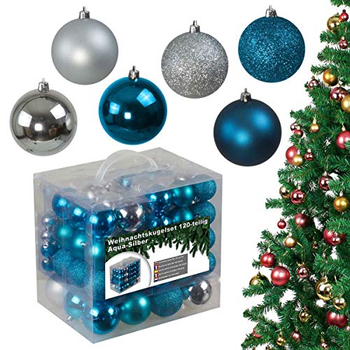 120-teiliges Weihnachtskugeln Set aus Kunststoff - Christbaumschmuck Baumschmuck in Glänzend Glitzernd Matt, Aqua/Silber von bonsport