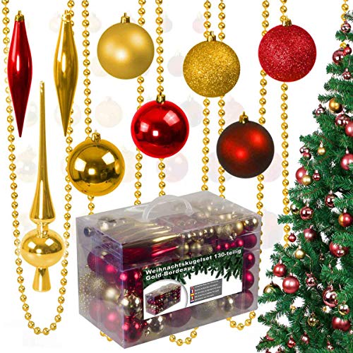 130-teiliges Weihnachtskugeln Set aus Kunststoff - Christbaumschmuck Baumschmuck in Glänzend Glitzernd Matt, Gold/Bordeaux von bonsport