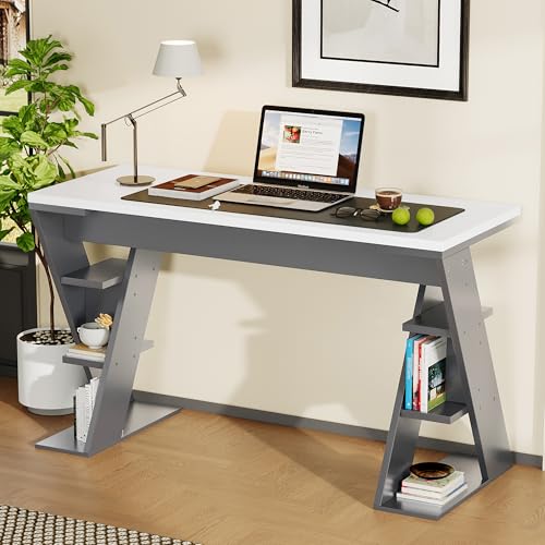 120 x 50 x 74 cm einfacher Schreibtisch, Schreibtisch mit X-förmiger Halterung, Lagerregal mit sechs Positionen, farblich abgestimmtes Design in Grau und Weiß, stilvoll und robust, Grau + Weiß von boorbin