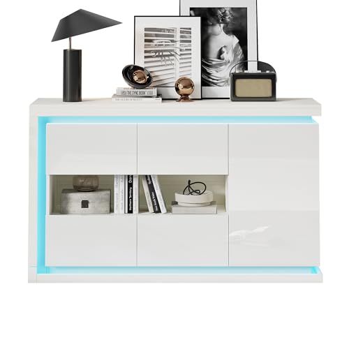 140 * 40 * 84cm Wohnzimmerschrank,Moderne Kommode mit 4 Fächern, Breite 140 cm,Beistellschrank mit LED-Lichtleiste,Hochglanz-Sideboard mit Türen aus gehärtetem Glas,für Flure, Wohnzimmer, Büros 140 * 40 * 84cm Wohnzimmerschrank,Moderne Kommode mit 4 Fächern, Breite 140 cm,Beistellschrank mit LED-Lichtleiste,Hochglanz-Sideboard mit Türen aus gehärtetem Glas,für Flure, Wohnzimmer, Büros von boorbin