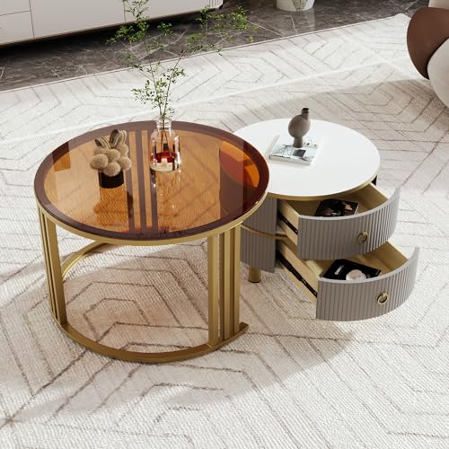 2-in-1 runder MDF-Couchtisch, Beistelltisch mit 1 Hochglanz-Tischplatte und 1 brauner Tischplatte aus gehärtetem Glas, Wohnzimmer-Couchtischkombination mit 2 Schubladen, 70*70*45 + 50*50*40 cm 2-in-1 runder MDF-Couchtisch, Beistelltisch mit 1 Hochglanz-Tischplatte und 1 brauner Tischplatte aus gehärtetem Glas, Wohnzimmer-Couchtischkombination mit 2 Schubladen, 70*70*45 + 50*50*40 cm von boorbin