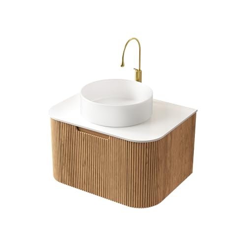 61cm Hängende Badezimmer-Waschtisch mit weißes Keramik-Waschbecken, weiße Arbeitsplatte, gebogene Kanten gestreifter Sperrholzschrank mit Schublade, vormontiert (natürliche Holzmaserung Farbe-1) von boorbin