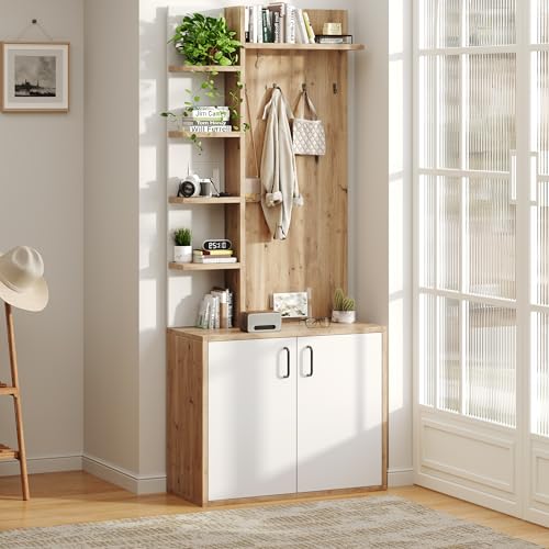 75*33*180cm Garderobenständer mit Garderobe, Schuhaufbewahrung, Flurausstattung mit Kleiderhaken, Flurschrank mit 5-lagiger Stauraumeinteilung und Stauraumschränken, Original Holzfarbe + weiß von boorbin