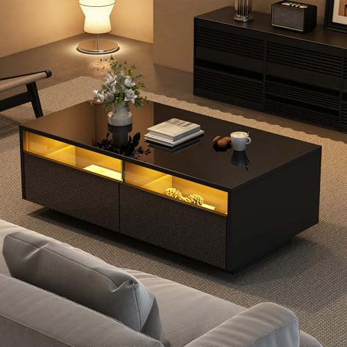 94 x 50 x 34 cm Schwarzer Hochglanz-LED-Couchtisch, Sofatisch aus gehärtetem Glas mit 2 Schubladen, Aufbewahrungstisch mit Vitrinentür für das Wohnzimmer, Die Gesamttragfähigkeit beträgt 30 kg 94 x 50 x 34 cm Schwarzer Hochglanz-LED-Couchtisch, Sofatisch aus gehärtetem Glas mit 2 Schubladen, Aufbewahrungstisch mit Vitrinentür für das Wohnzimmer, Die Gesamttragfähigkeit beträgt 30 kg von boorbin