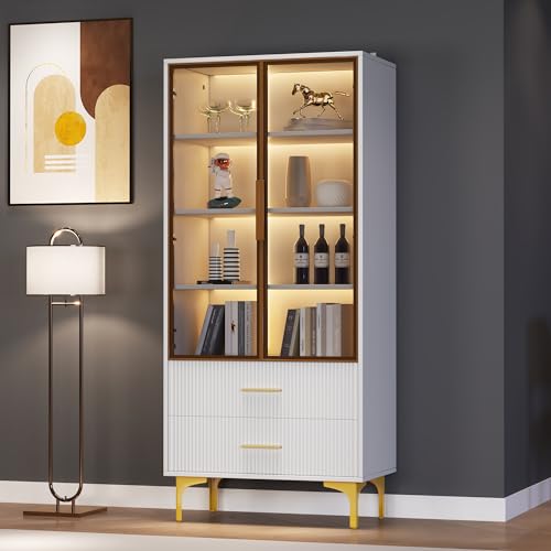 Elegante Glasvitrine mit Zwei Türen - 70 * 35 * 150cm - Glastüren, goldene Beine, bewegliche Einlegeböden, Vitrine mit LED-Licht, Schrank, Glasvitrine, Hochschrank, Standvitrine (70 * 35 * 150cm) von boorbin