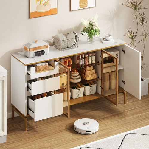 Elegantes Sideboard 150Lx40Bx80H cm, weiß, Arbeitsplatte aus Marmor, goldene Zierleiste - Moderner Stauraumschrank mit Glas- und Holzfächern (Weiß, 150 * 40 * 80CM) von boorbin