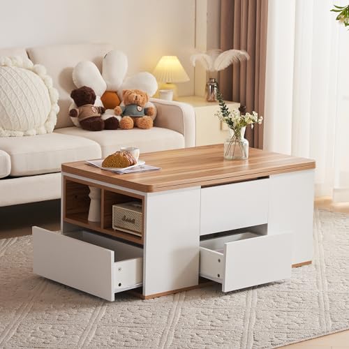 Hebbarer Multifunktions-Couchtisch,Tischplatte öffnet sich zu 2 Tischen, große Kapazität, moderne Wohnzimmermöbel, Büro-Esstisch Freizeittisch Multifunktionstisch (Weiß+Original Holz, 100*51*47cm) von boorbin