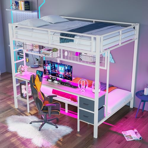 Hochbett, 90*200 und 140*200, Eisenrahmen, Schubladen, Ablagen für Gegenstände, Gitter zum Aufhängen von Gegenständen, Schreibtisch, Mit 7-farbiger LED-Leiste, USB-Anschluss, ohne Matratze (Weiß) Hochbett, 90*200 und 140*200, Eisenrahmen, Schubladen, Ablagen für Gegenstände, Gitter zum Aufhängen von Gegenständen, Schreibtisch, Mit 7-farbiger LED-Leiste, USB-Anschluss, ohne Matratze (Weiß) von boorbin