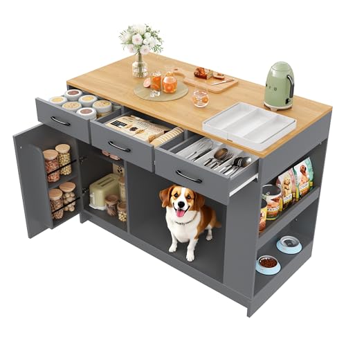 Kücheninsel, Schrank mit 3 Schubladen, 1 Gewürzablage, verstellbare Regalplatte, Doppelablage (ohne Hundefutterteller), geräumiger Haustieraufbewahrungsbereich (ohne Hundekissen), 120*60*90 cm (Grau) von boorbin