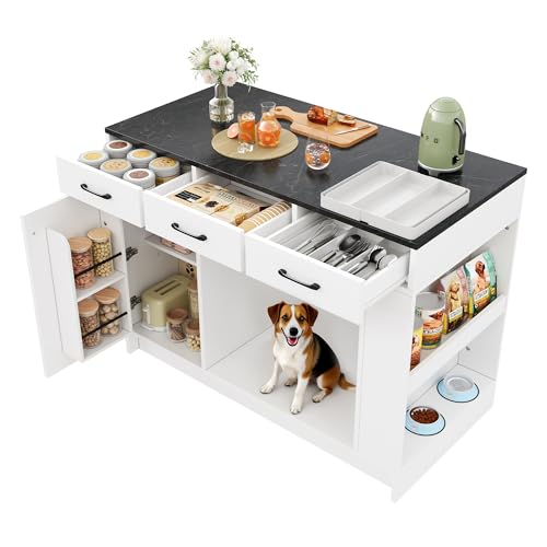 Kücheninsel, Schrank mit 3 Schubladen, 1 Gewürzablage, verstellbare Regalplatte, Doppelablage (ohne Hundefutterteller), geräumiger Haustieraufbewahrungsbereich (ohne Hundekissen), 120*60*90 cm (Weiß) von boorbin