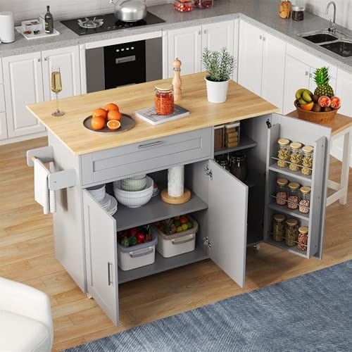 L132.5*B44(70)*H90cm großer mobiler Küchentisch, Arbeitsplatte klappbar, Eiche Maserung, multifunktionaler Schrank, Gewürzregal, Handtuchhalter, 5 Rollen, geeignet für Küche/Essen/Haus von boorbin