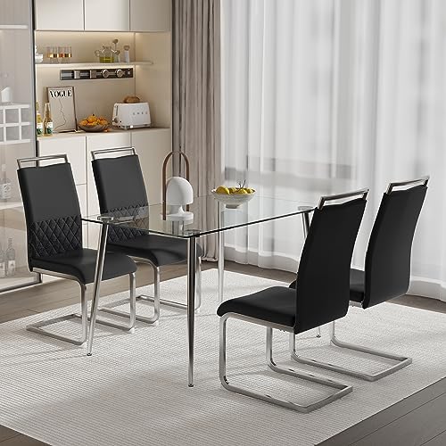 Moderne Esszimmerstühle 2er Set, Rückenlehne aus PU Kunstleder und Leinen, hoher Rücken gepolstert Side Chair, Querstreifen Rückenlehne Design für Esszimmer, Küche, Gast Bürostuhl (4, Schwarz) von boorbin